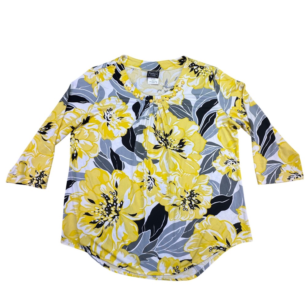 Southern Lady Women's Size Large‎ 1/5 Sleeve Yellow Floral Top Blue Tunic